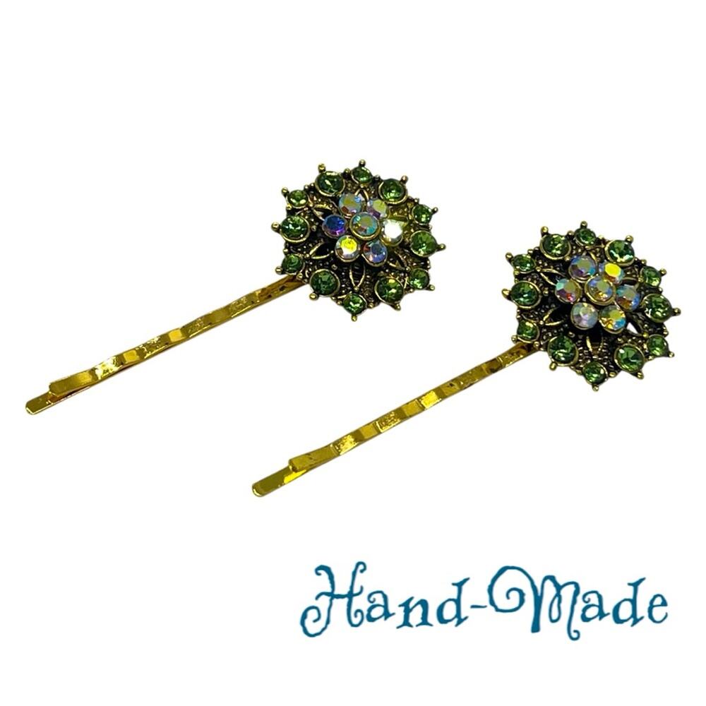 Handmade Green Iridescent Rhinestone Gold Set Hair Clips HoCo Fairy Jewelry NWT